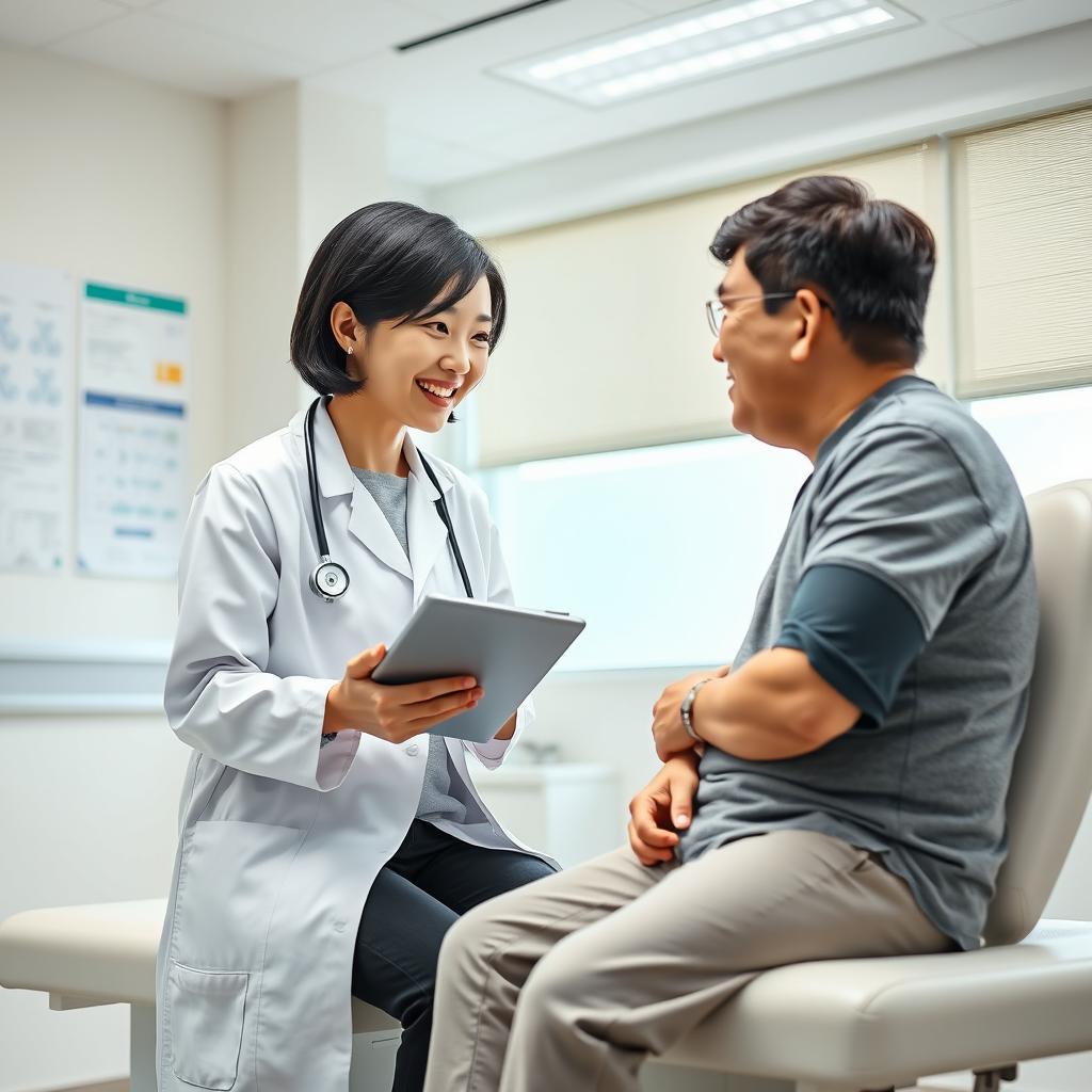 A typical doctor's visit scene in South Korea, showcasing a modern, well-organized clinic