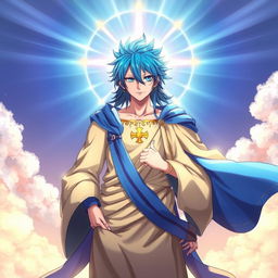 An imaginative fusion of Jellal Fernandes from Fairy Tail and Jesus Christ, depicted in anime style