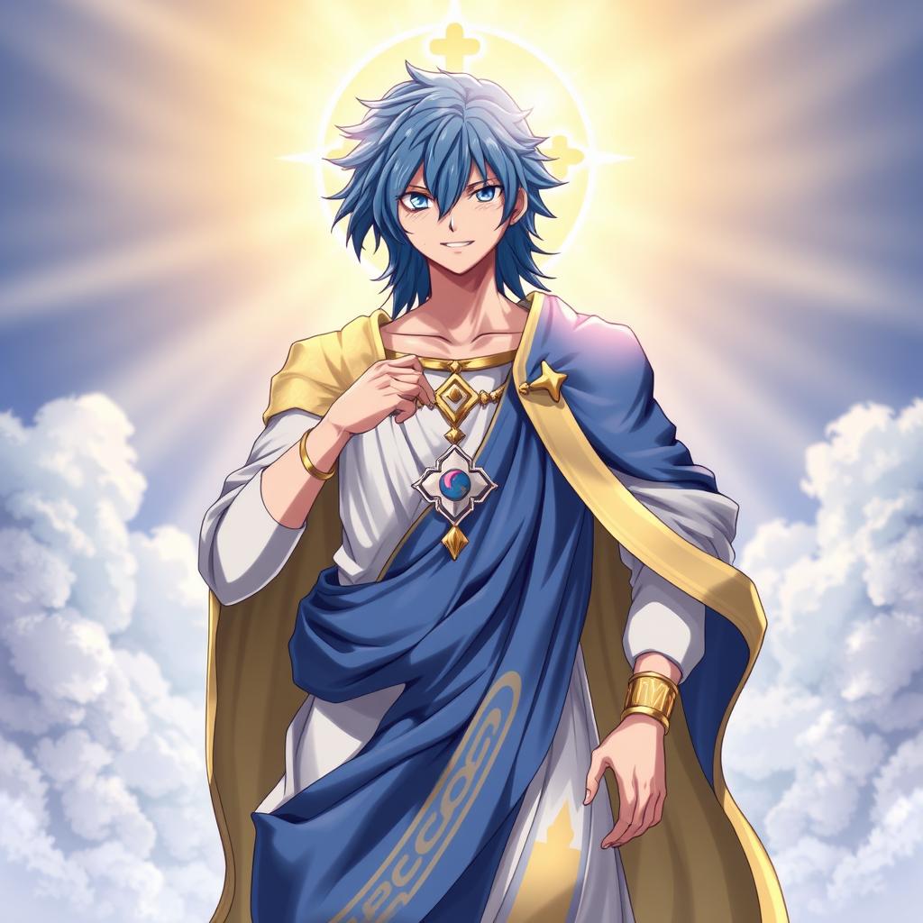 An imaginative fusion of Jellal Fernandes from Fairy Tail and Jesus Christ, depicted in anime style