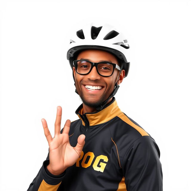 A cheerful man wearing a black and gold jacket with the word 'PROG' prominently displayed on it