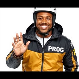 A cheerful man wearing a black and gold jacket with the word 'PROG' prominently displayed on it