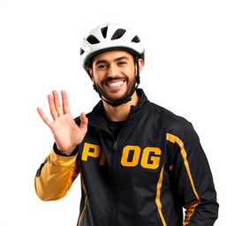 A cheerful man wearing a black and gold jacket with the word 'PROG' prominently displayed on it