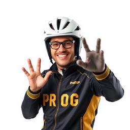 A cheerful man wearing a black and gold jacket with the word 'PROG' prominently displayed on it
