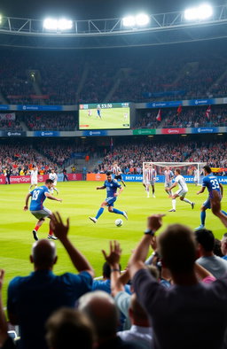 A dynamic scene of a football (soccer) match taking place in a vibrant stadium, filled with enthusiastic fans cheering