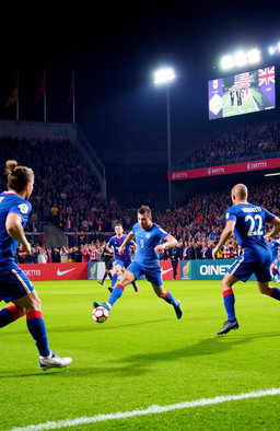 A dynamic scene of a football (soccer) match taking place in a vibrant stadium, filled with enthusiastic fans cheering