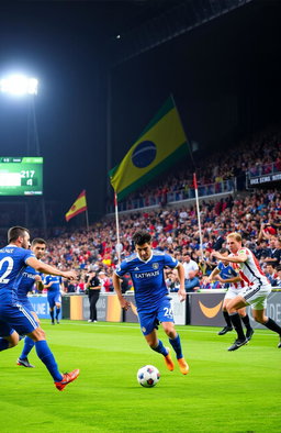 A dynamic scene of a football (soccer) match taking place in a vibrant stadium, filled with enthusiastic fans cheering