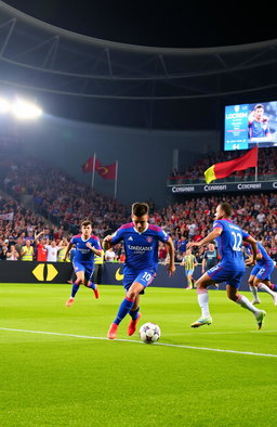 A dynamic scene of a football (soccer) match taking place in a vibrant stadium, filled with enthusiastic fans cheering