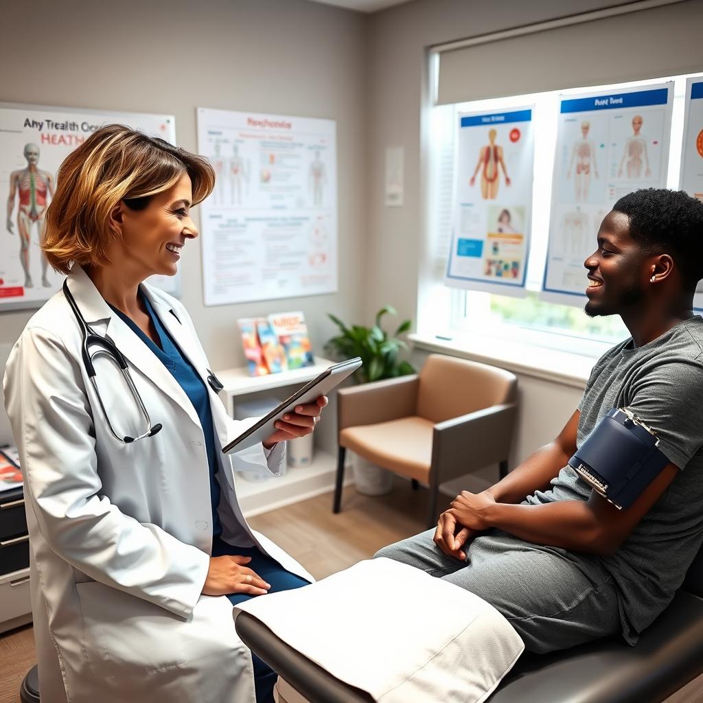 A typical doctor's visit scene in the United States, depicting a well-lit and organized medical examination room