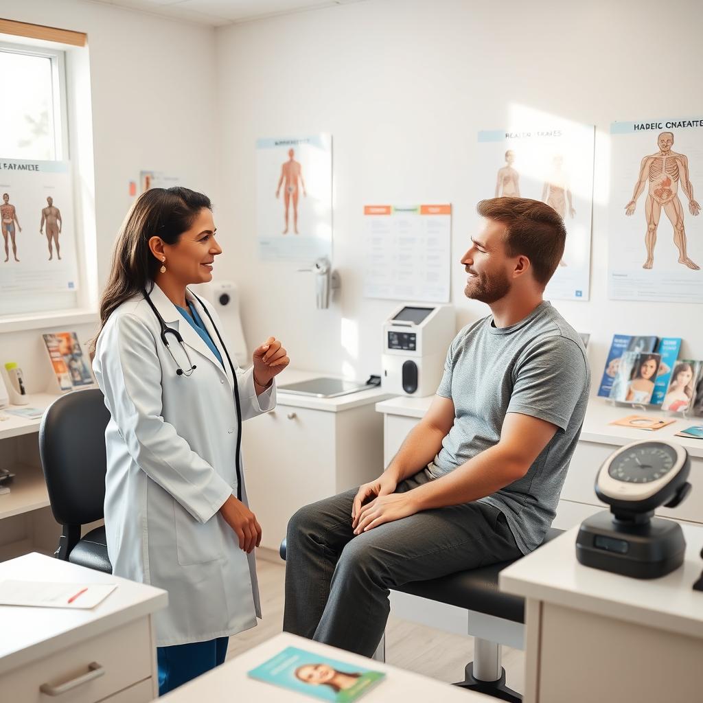 A typical doctor's visit scene in the USA, captured in a bright and organized examination room