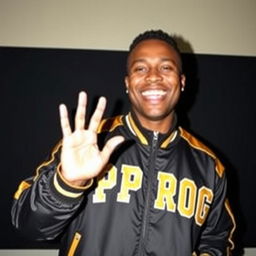 A joyful man wearing a black and gold jacket with the word 'PROG' prominently displayed