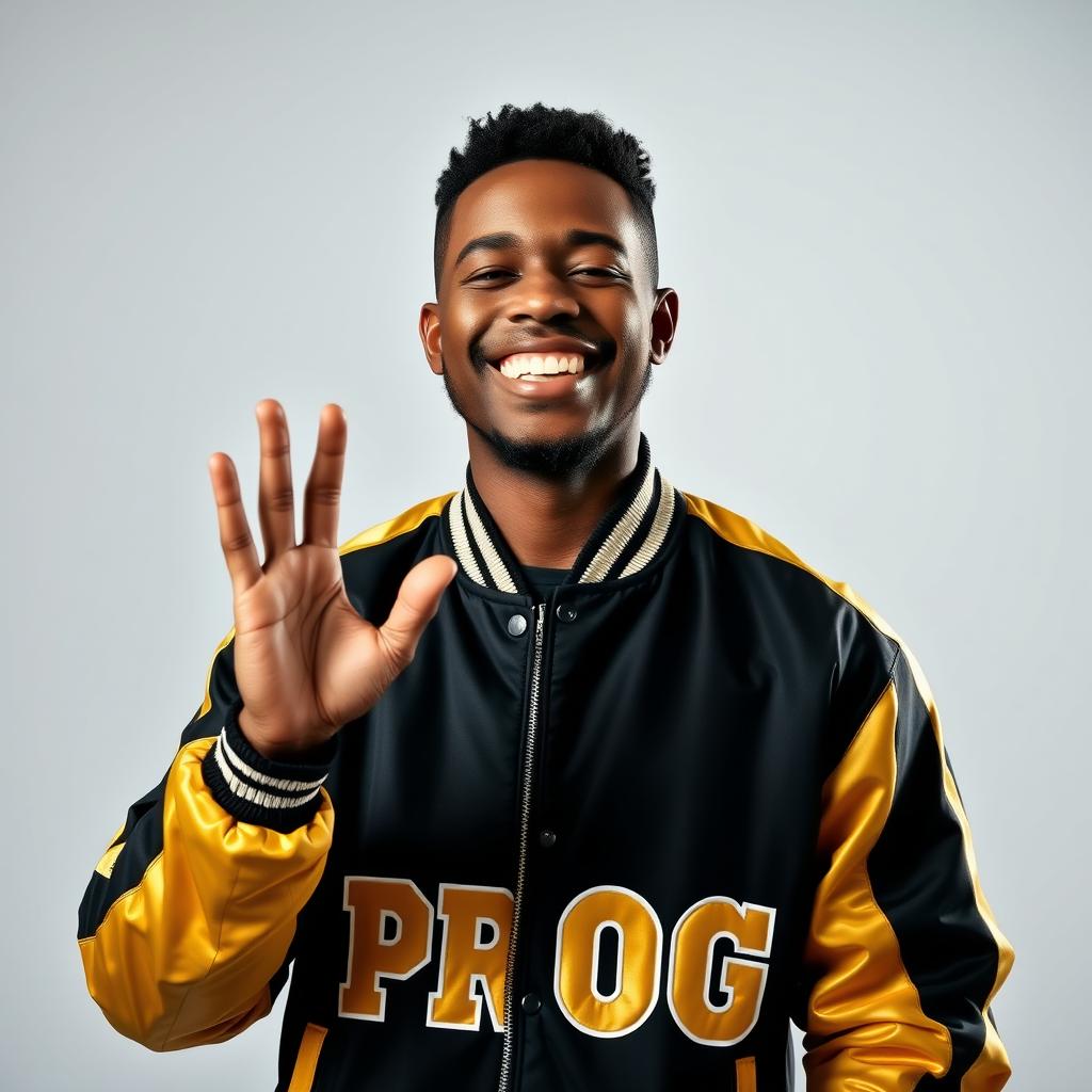 A joyful man wearing a black and gold jacket with the word 'PROG' prominently displayed