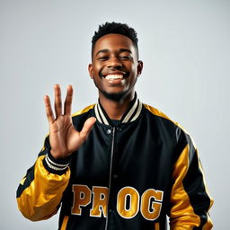 A joyful man wearing a black and gold jacket with the word 'PROG' prominently displayed