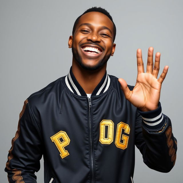A joyful man wearing a black and gold jacket with the word 'PROG' prominently displayed
