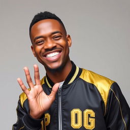 A joyful man wearing a black and gold jacket with the word 'PROG' prominently displayed
