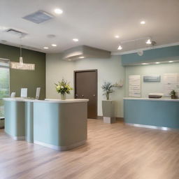 A sizable reception area in a dental clinic, comfortably furnished with 15 chairs. Other elements include a neat reception desk, informational literature on side tables, ambient lighting, and a soothing color palette.