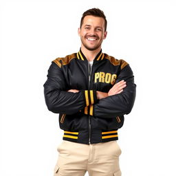 A smiling man wearing a black and gold jacket with the word 'PROG' prominently displayed