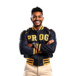 A smiling man wearing a black and gold jacket with the word 'PROG' prominently displayed