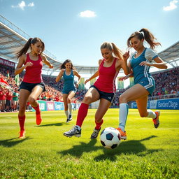 A vibrant scene depicting a sexy soccer match, featuring athletic and attractive female soccer players wearing stylish and form-fitting sports gear, showcasing dynamic, energetic poses as they skillfully dribble and kick the soccer ball on a grass field