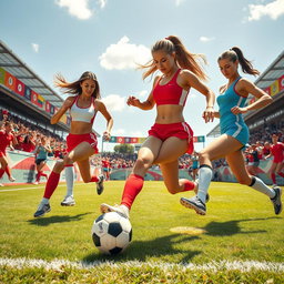 A vibrant scene depicting a sexy soccer match, featuring athletic and attractive female soccer players wearing stylish and form-fitting sports gear, showcasing dynamic, energetic poses as they skillfully dribble and kick the soccer ball on a grass field
