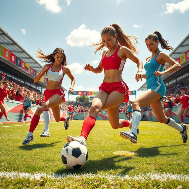 A vibrant scene depicting a sexy soccer match, featuring athletic and attractive female soccer players wearing stylish and form-fitting sports gear, showcasing dynamic, energetic poses as they skillfully dribble and kick the soccer ball on a grass field