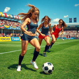 A vibrant scene depicting a sexy soccer match, featuring athletic and attractive female soccer players wearing stylish and form-fitting sports gear, showcasing dynamic, energetic poses as they skillfully dribble and kick the soccer ball on a grass field