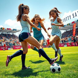 A vibrant scene depicting a sexy soccer match, featuring athletic and attractive female soccer players wearing stylish and form-fitting sports gear, showcasing dynamic, energetic poses as they skillfully dribble and kick the soccer ball on a grass field