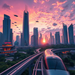 A modern, sleek redesign of an image featuring a futuristic cityscape at sunset, with towering skyscrapers made of glass and metal, bathed in hues of purple, orange, and pink from the setting sun