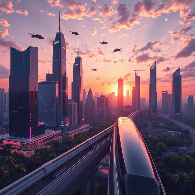 A modern, sleek redesign of an image featuring a futuristic cityscape at sunset, with towering skyscrapers made of glass and metal, bathed in hues of purple, orange, and pink from the setting sun