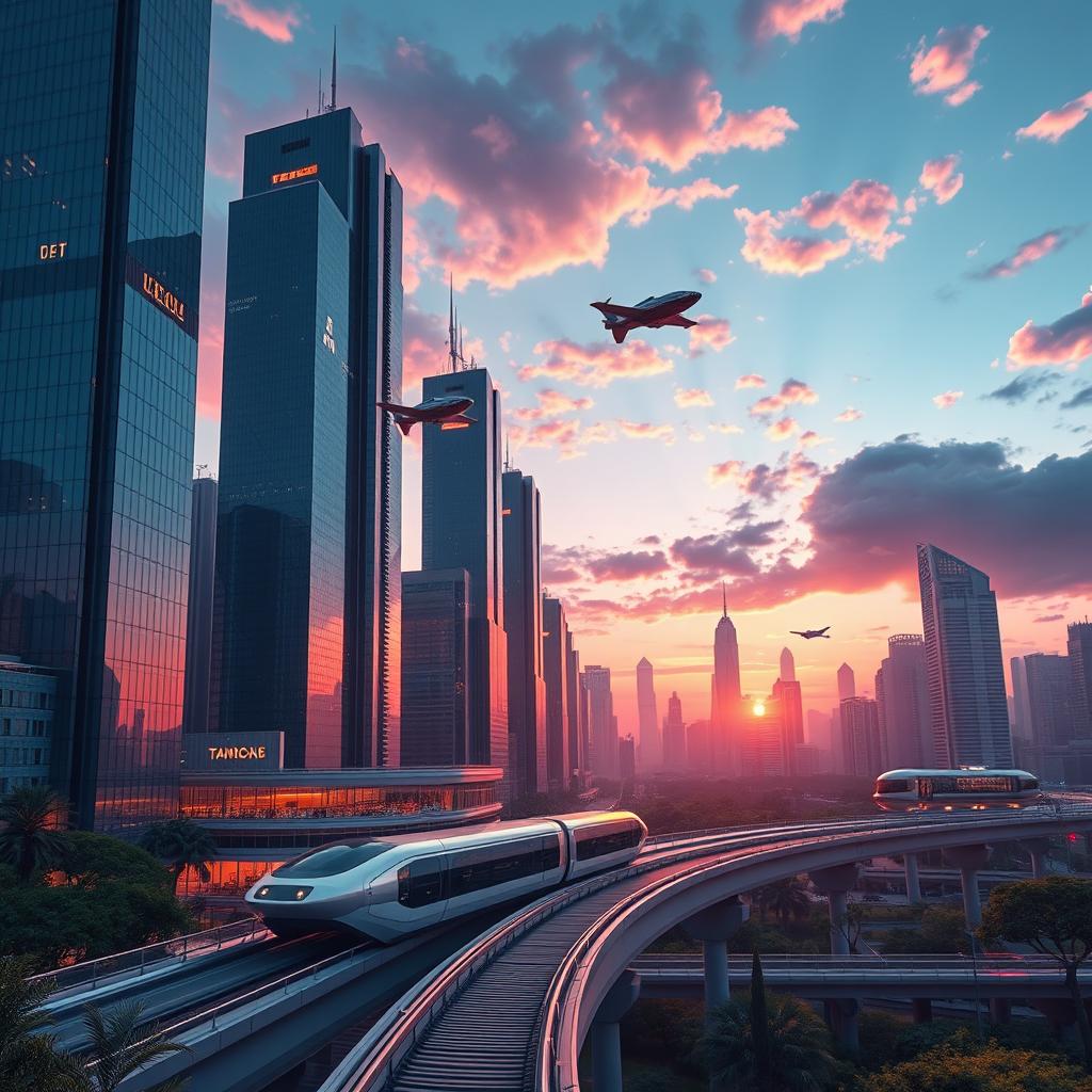 A modern, sleek redesign of an image featuring a futuristic cityscape at sunset, with towering skyscrapers made of glass and metal, bathed in hues of purple, orange, and pink from the setting sun
