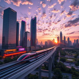 A modern, sleek redesign of an image featuring a futuristic cityscape at sunset, with towering skyscrapers made of glass and metal, bathed in hues of purple, orange, and pink from the setting sun