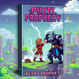 A vibrant and engaging book cover design for 'The Pixel Prophecy' by Retro Prophet