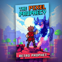 A vibrant and engaging book cover design for 'The Pixel Prophecy' by Retro Prophet
