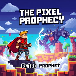 A vibrant and engaging book cover design for 'The Pixel Prophecy' by Retro Prophet