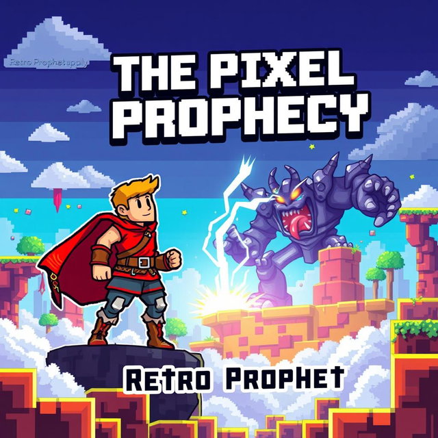 A vibrant and engaging book cover design for 'The Pixel Prophecy' by Retro Prophet