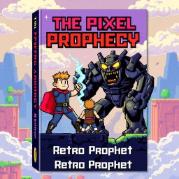 A vibrant and engaging book cover design for 'The Pixel Prophecy' by Retro Prophet