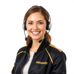 A smiling female call center assistant wearing headphones, dressed in a black and gold jacket with the word 'PROG' prominently displayed