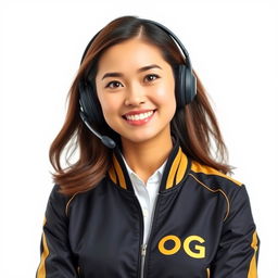 A smiling female call center assistant wearing headphones, dressed in a black and gold jacket with the word 'PROG' prominently displayed