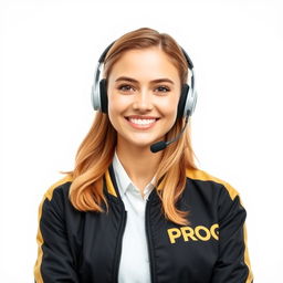 A smiling female call center assistant wearing headphones, dressed in a black and gold jacket with the word 'PROG' prominently displayed