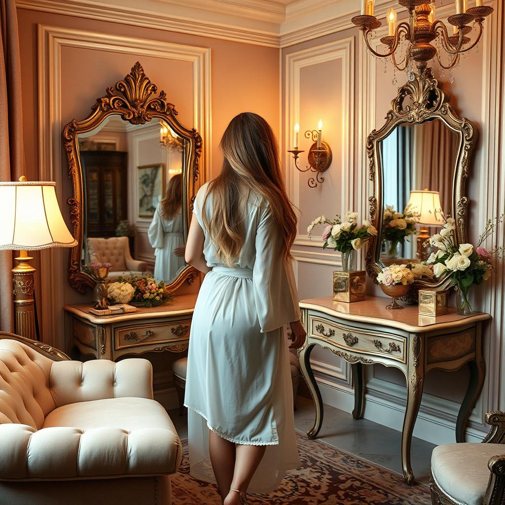 A captivating scene featuring a beautifully designed, elegant dressing room with ambient lighting