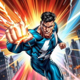 A dynamic scene depicting a superhero executing a powerful punch, with vibrant energy waves radiating from their fist
