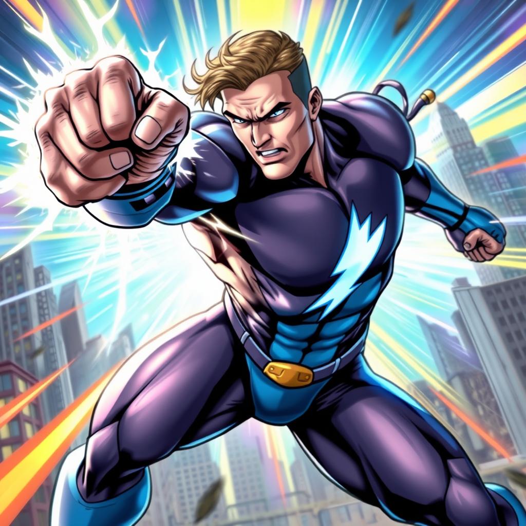 A dynamic scene depicting a superhero executing a powerful punch, with vibrant energy waves radiating from their fist
