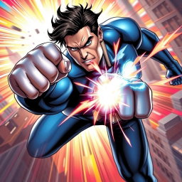 A dynamic scene depicting a superhero executing a powerful punch, with vibrant energy waves radiating from their fist