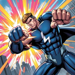 A dynamic scene depicting a superhero executing a powerful punch, with vibrant energy waves radiating from their fist