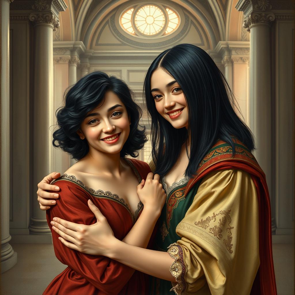 A Renaissance vintage style painting inspired by the works of Michelangelo, featuring two best friends