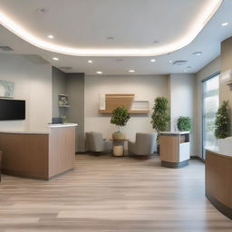 A sizable reception area in a dental clinic, comfortably furnished with 15 chairs. Other elements include a neat reception desk, informational literature on side tables, ambient lighting, and a soothing color palette.