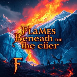 A captivating fantasy novel cover depicting an ethereal scene where vibrant flames burst forth from beneath a shimmering glacier