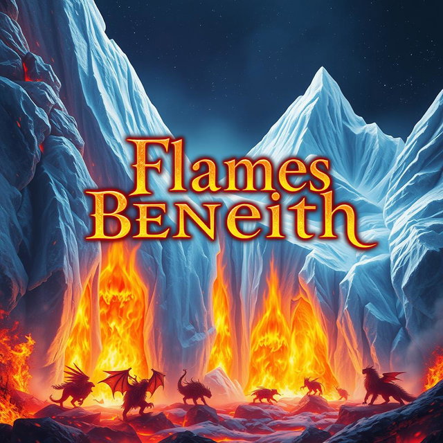 A captivating fantasy novel cover depicting an ethereal scene where vibrant flames burst forth from beneath a shimmering glacier
