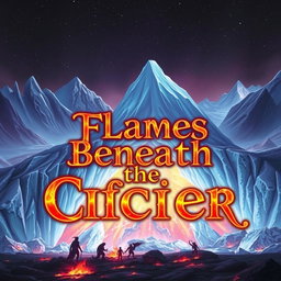 A captivating fantasy novel cover depicting an ethereal scene where vibrant flames burst forth from beneath a shimmering glacier