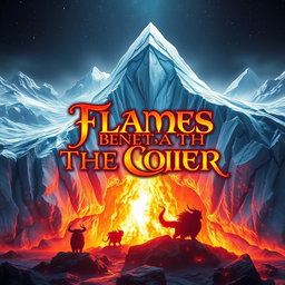 A captivating fantasy novel cover depicting an ethereal scene where vibrant flames burst forth from beneath a shimmering glacier