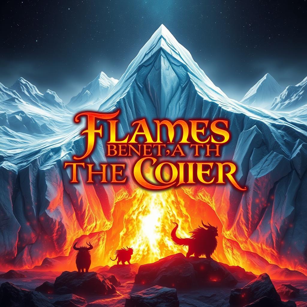 A captivating fantasy novel cover depicting an ethereal scene where vibrant flames burst forth from beneath a shimmering glacier